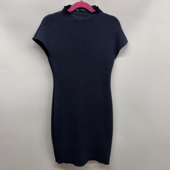 Zara Dresses & Skirts - ZARA Mock Neck Sheath Dress Navy Blue Small Bodycon Festival Romantic Luxury